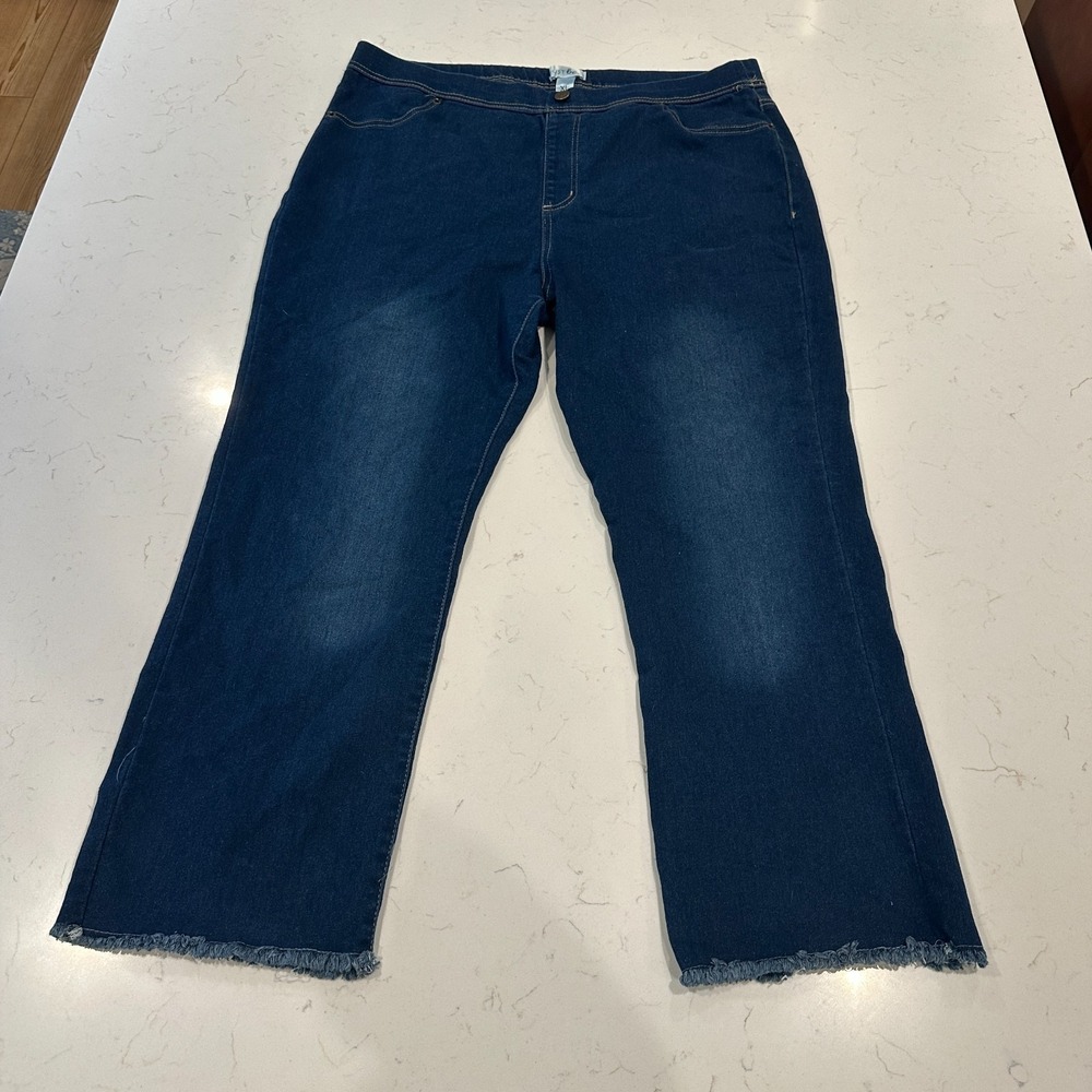 Just Be Womens XL Blue Jeans Flare Wide Leg Stretch Denim Raw Frayed Hem 36x27
